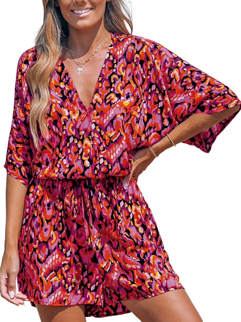 Women's Red Summer Lace Up Printed Half Sleeve Casual Wide Leg Romper